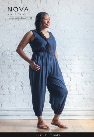 The Nova pattern is a knit jumpsuit with four views. All views have a fully faced neckline and armholes.