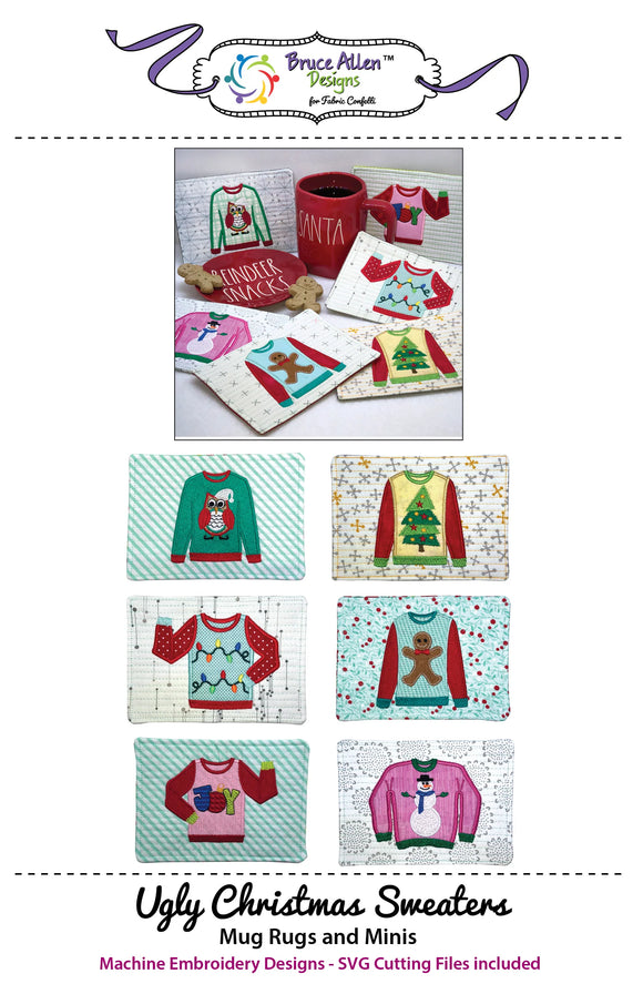 Ugly Christmas Sweaters Mug Rugs and Minis for Machine Embroidery Downloadable Pattern