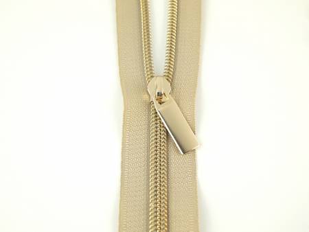 Beige #5 Nylon Gold Coil Zippers: 3 Yards with 9 Pulls by Sallie Tomato