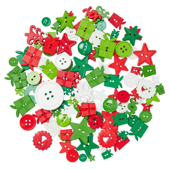 Christmas Mix button assortment with gifts, trees, stars wreaths and circles in green, red, and white