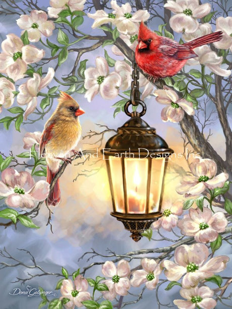 Spring Lantern With Cardinals Cross Stitch By Dona Gelsinger
