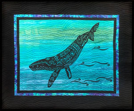 Alaska Whale Song Humpback Whale Lasercut Applique, Black Batik 16" x 21"