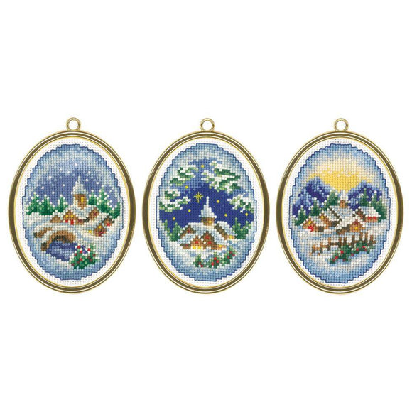 Three cross stitch winter village scene ornaments